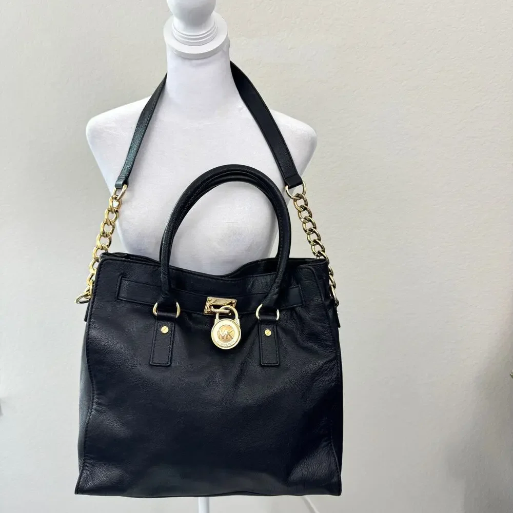 Michael Kors Womens Hamilton Satchel Handbag Leather Goldtone Lock Classic Black